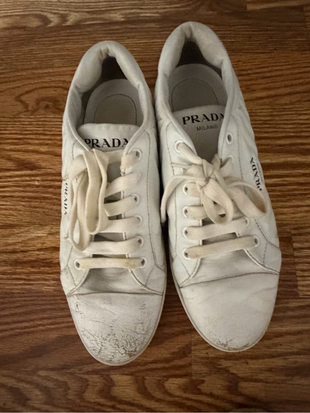 Prada White Leather Low-Top Sneakers - Picture 1 of 6